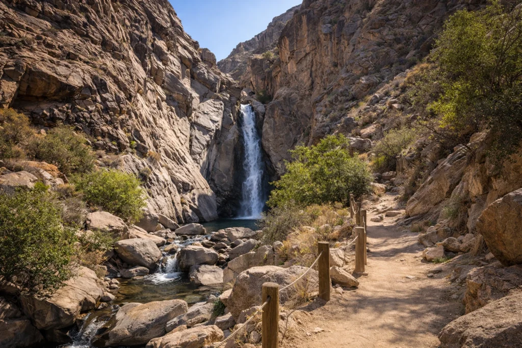 Tahquitz Canyon near Palm Springs with rocky desert cliffs, a hiking trail, and a seasonal waterfall flowing through the canyon