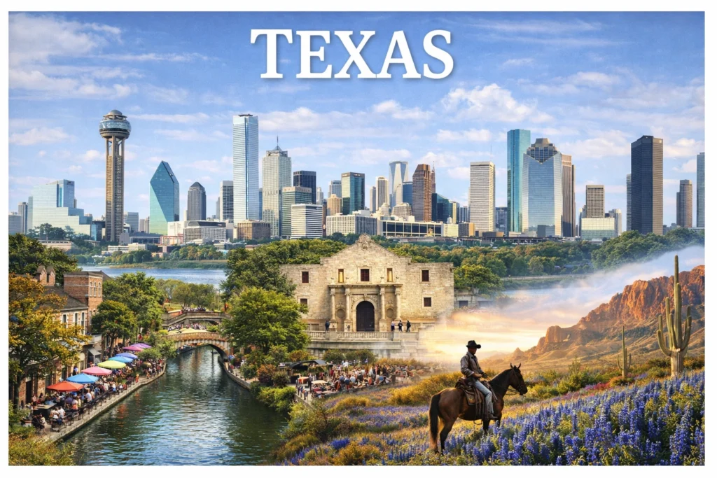 Ultra-realistic travel guide cover of Texas featuring Dallas skyline, San Antonio River Walk, Houston skyline, and Texas Hill Country landscape in natural daylight