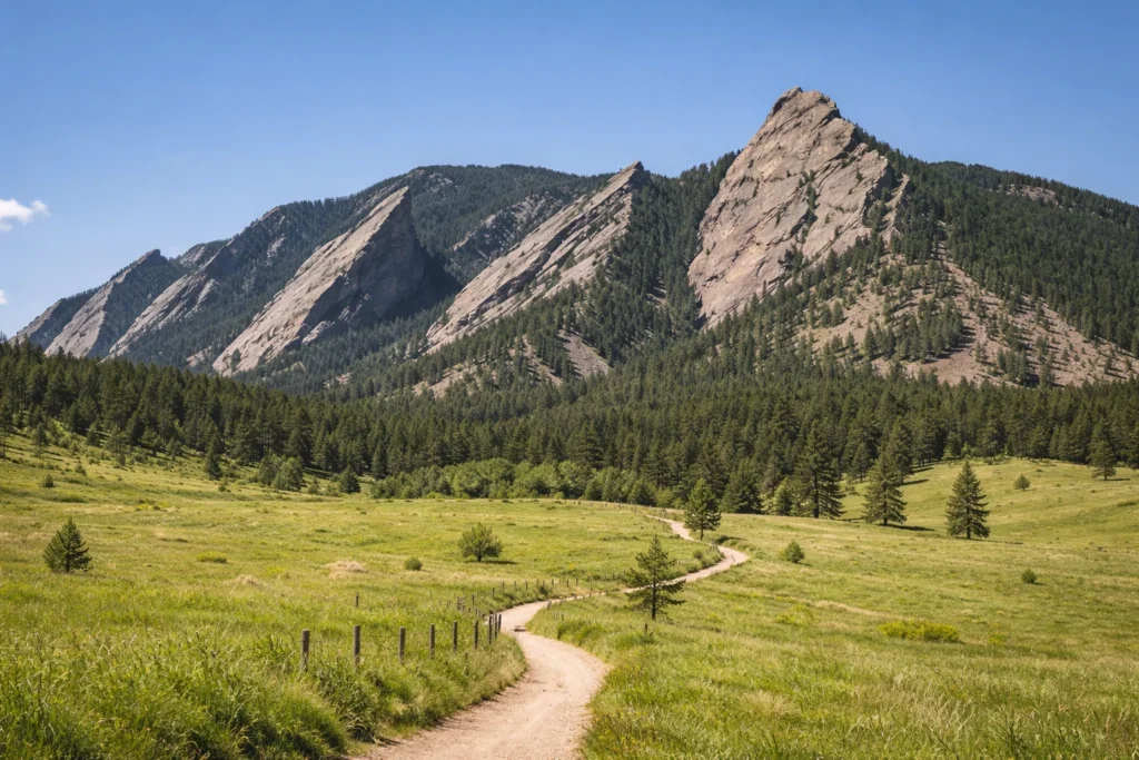 The Flatirons in Boulder, Colorado with hiking trails and foothill scenery