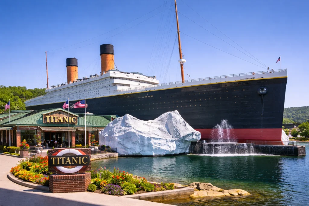 Titanic Museum Attraction in Branson Missouri featuring full scale Titanic ship replica exterior