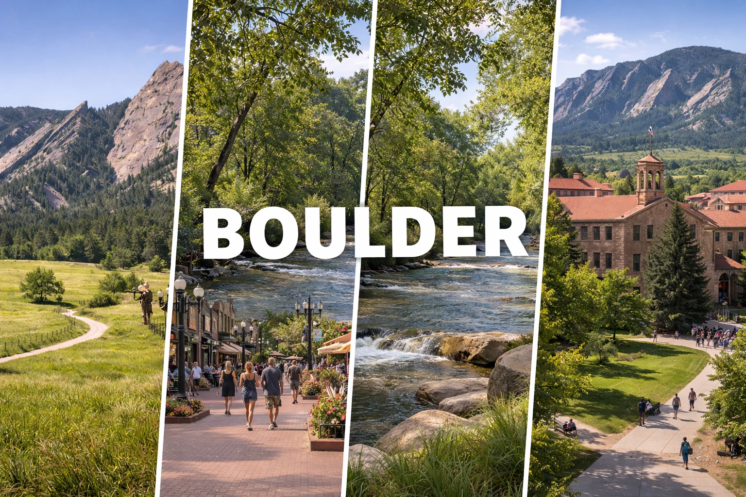 Top 5 places to visit in Boulder featuring the Flatirons, Pearl Street Mall, Boulder Creek, and university campus