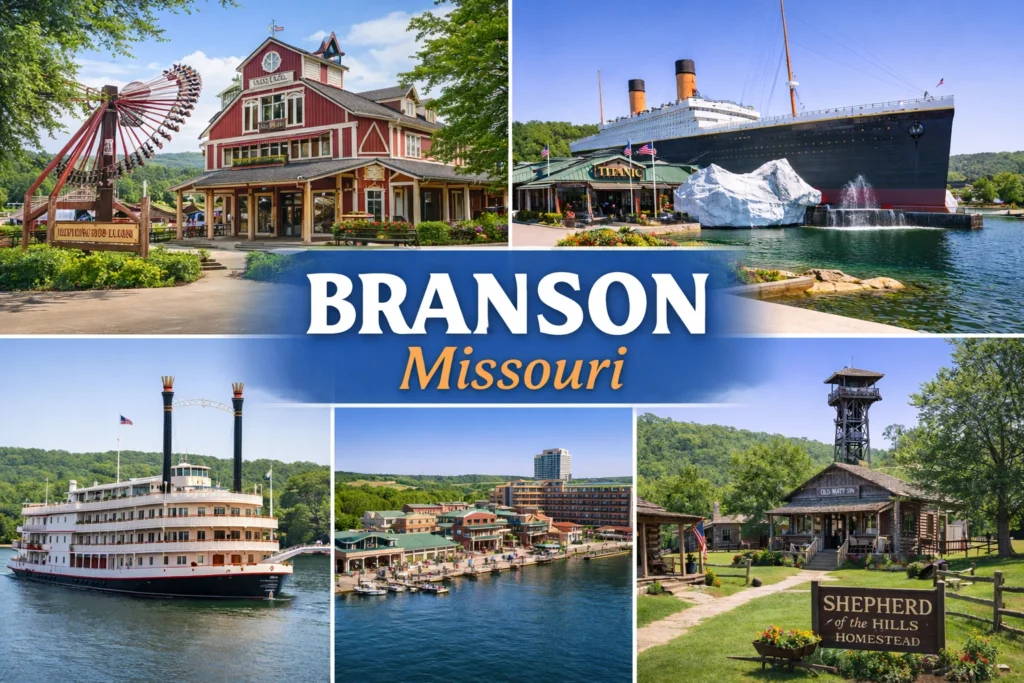 Top 5 places to visit in Branson Missouri featuring Silver Dollar City Table Rock Lake Branson Landing and Titanic Museum