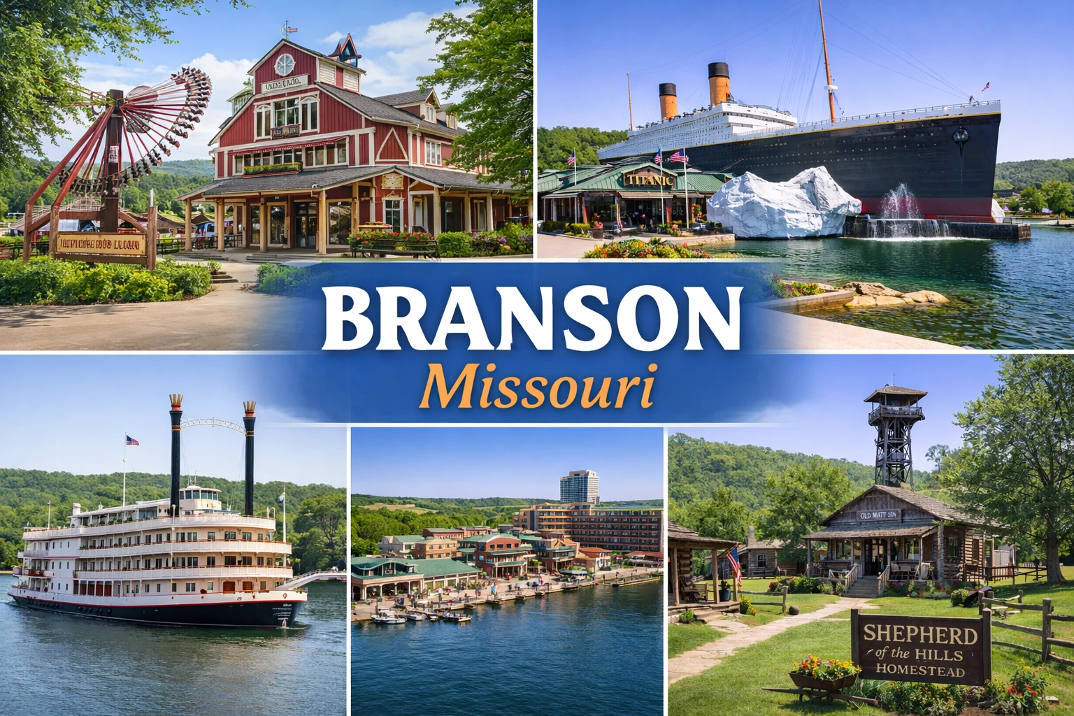 Top 5 places to visit in Branson Missouri featuring Silver Dollar City Table Rock Lake Branson Landing and Titanic Museum