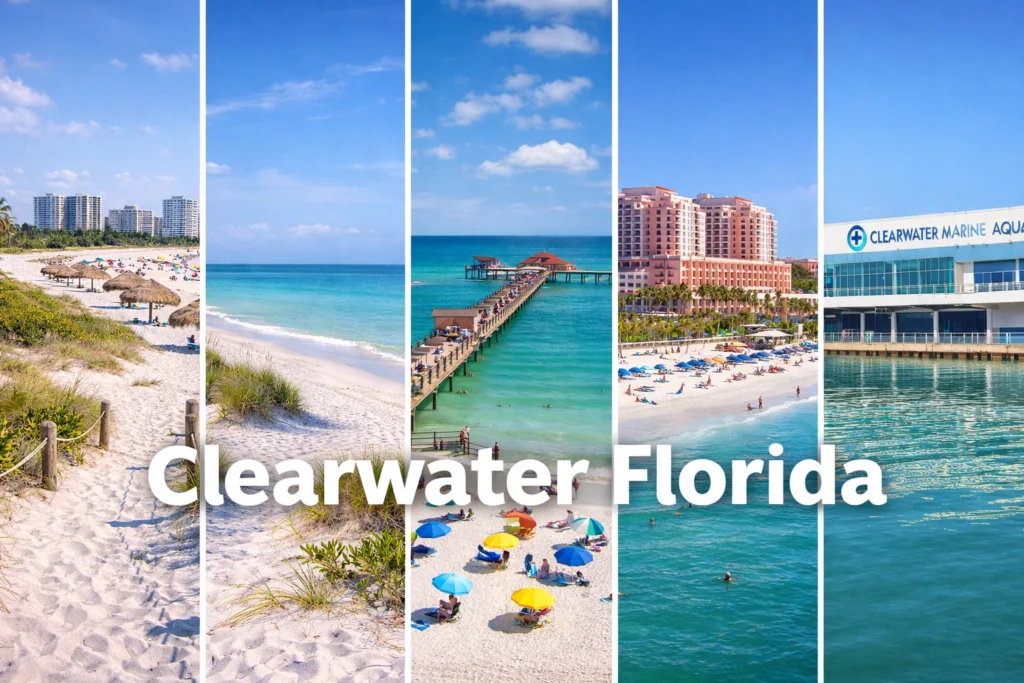 Top 5 places to visit in Clearwater Florida featuring Clearwater Beach Pier 60 Caladesi Island Sand Key Park and Clearwater Marine Aquarium