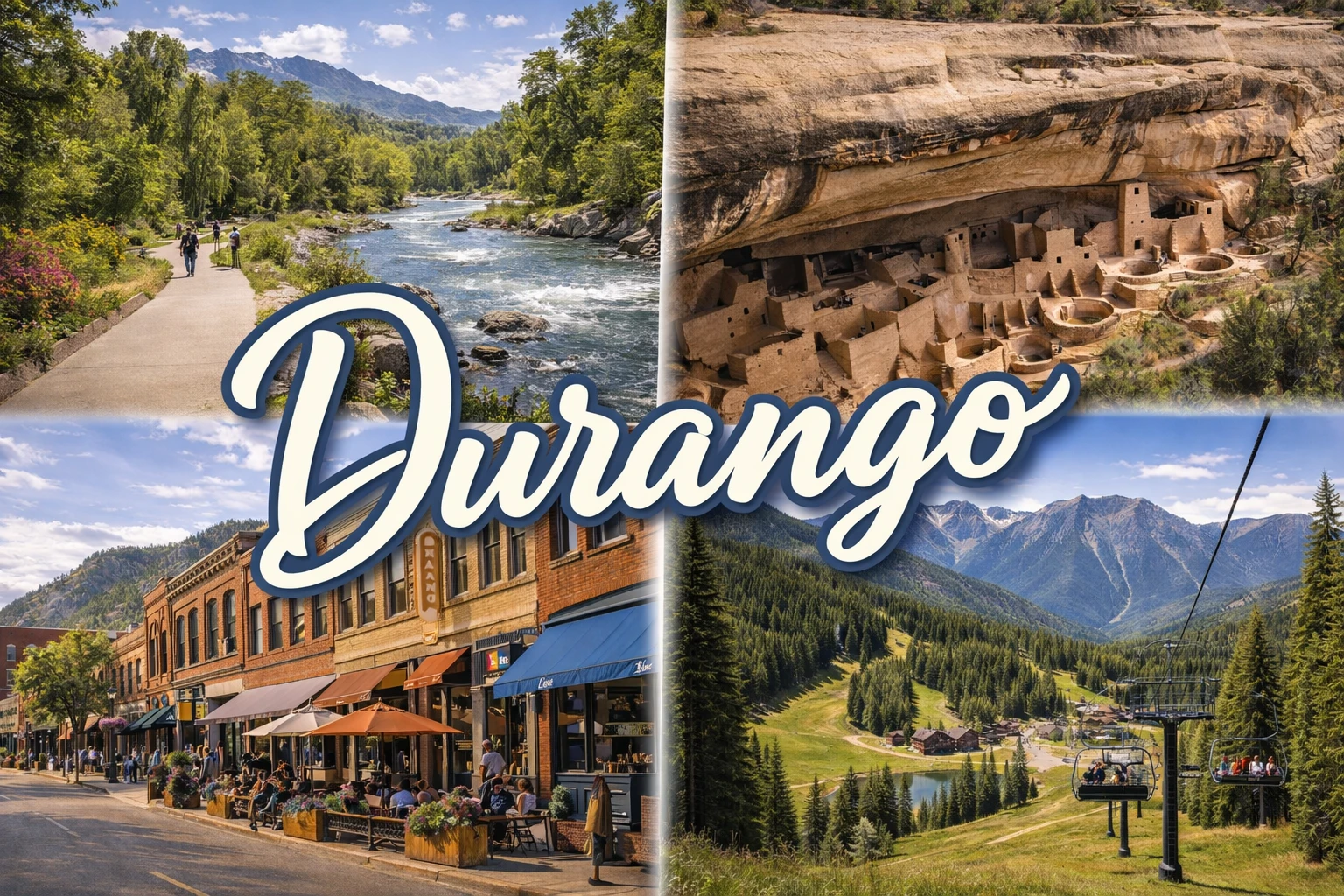 Top 5 places to visit in Durango featuring river trails, cliff dwellings, downtown, and mountain scenery