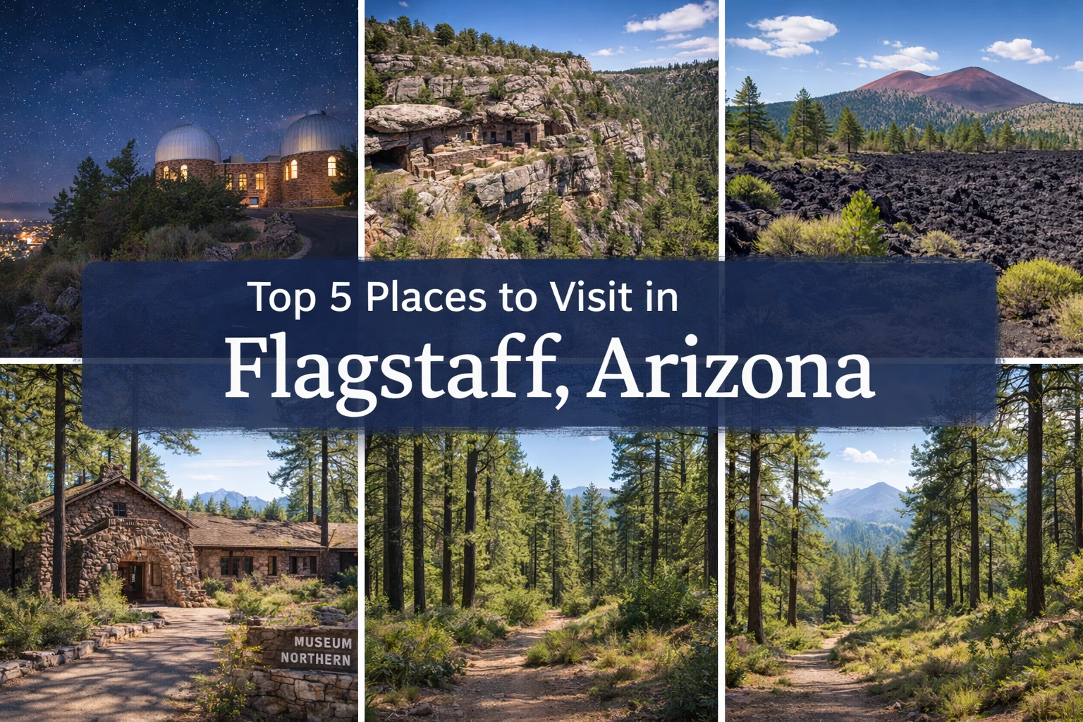 Top 5 places to visit in Flagstaff featuring observatory, canyons, volcanoes, museums, and forests