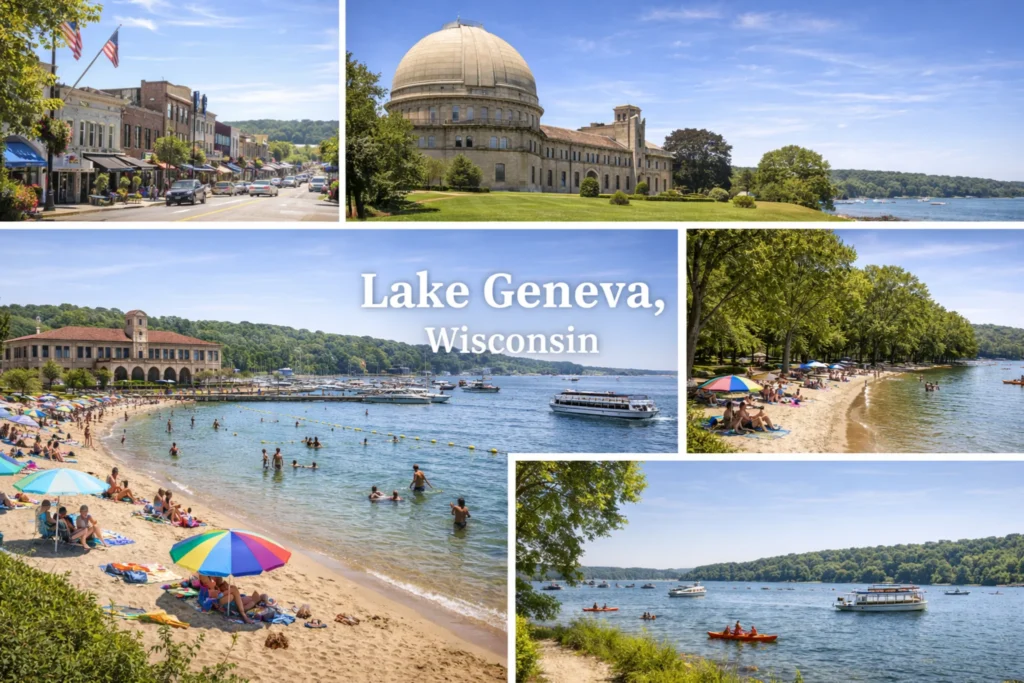 Top 5 places to visit in Lake Geneva Wisconsin featuring Shore Path downtown waterfront Riviera Beach and Big Foot Beach State Park