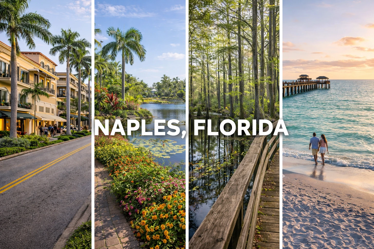 Top 5 places to visit in Naples Florida featuring beaches, Fifth Avenue South, botanical gardens, and natural attractions