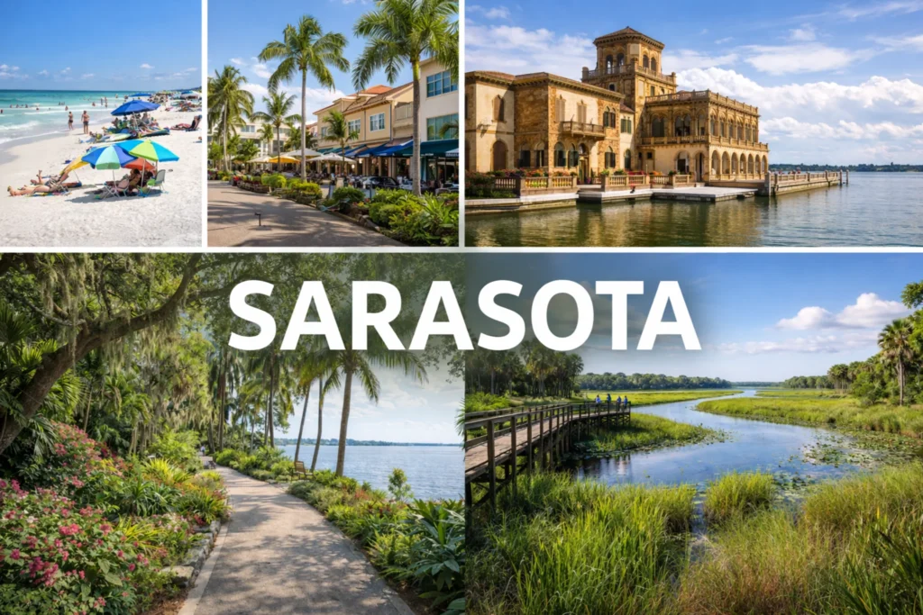 Top 5 places to visit in Sarasota featuring Siesta Key Beach, The Ringling Museum, St. Armands Circle, Selby Gardens, and Myakka River State Park