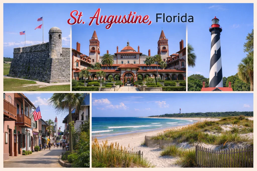 Top 5 places to visit in St. Augustine Florida featuring Castillo de San Marcos St. George Street Flagler College and Anastasia State Park