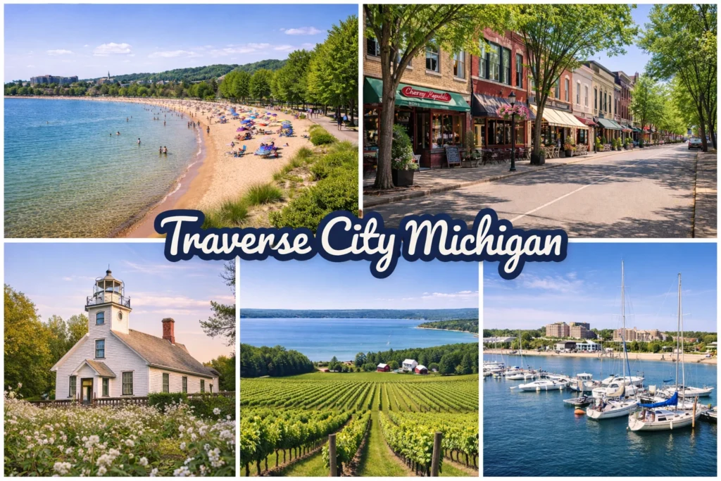 Top 5 places to visit in Traverse City Michigan featuring Sleeping Bear Dunes Front Street Old Mission Peninsula and Clinch Park