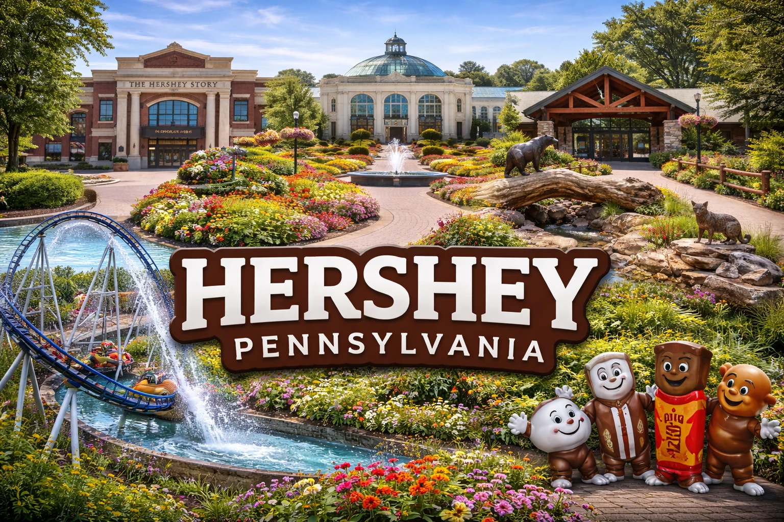 Top attractions in Hershey Pennsylvania including amusement park gardens museums and wildlife park
