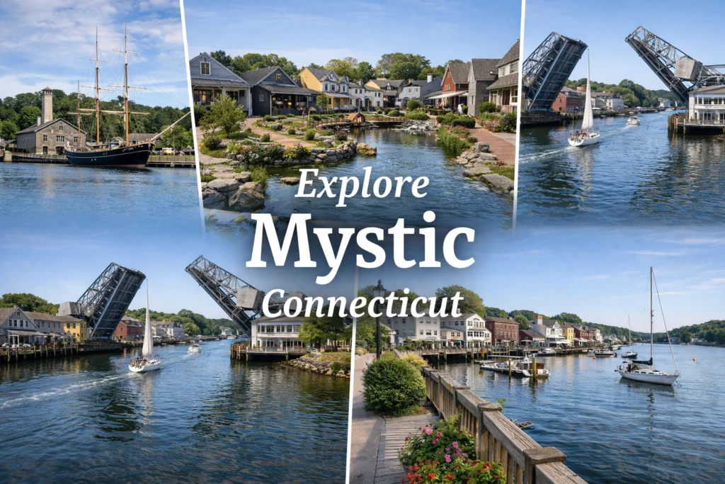 Top attractions in Mystic Connecticut including waterfront harbour historic village and river bridge