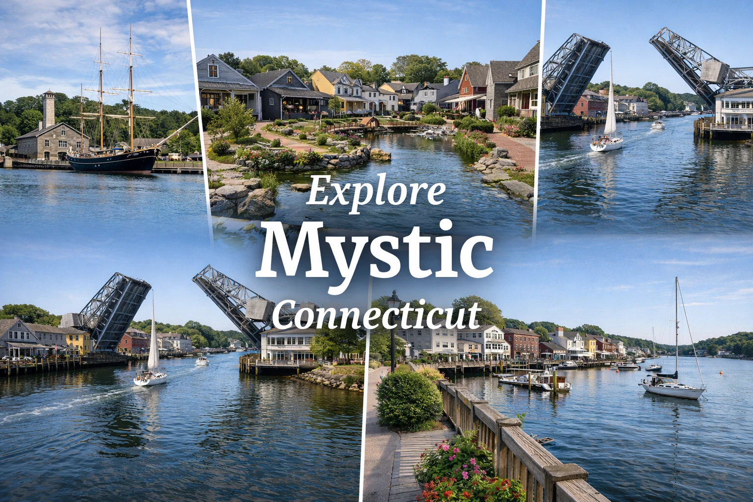 Top attractions in Mystic Connecticut including waterfront harbour historic village and river bridge
