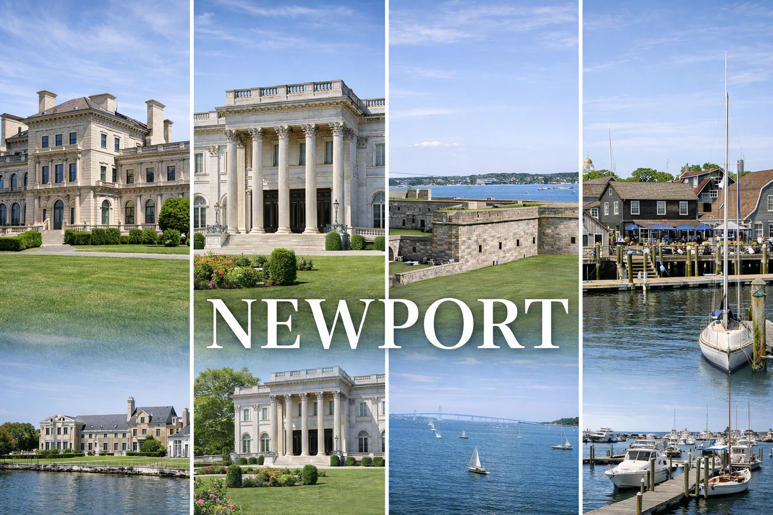 Top attractions in Newport Rhode Island including mansions harbor fort and waterfront