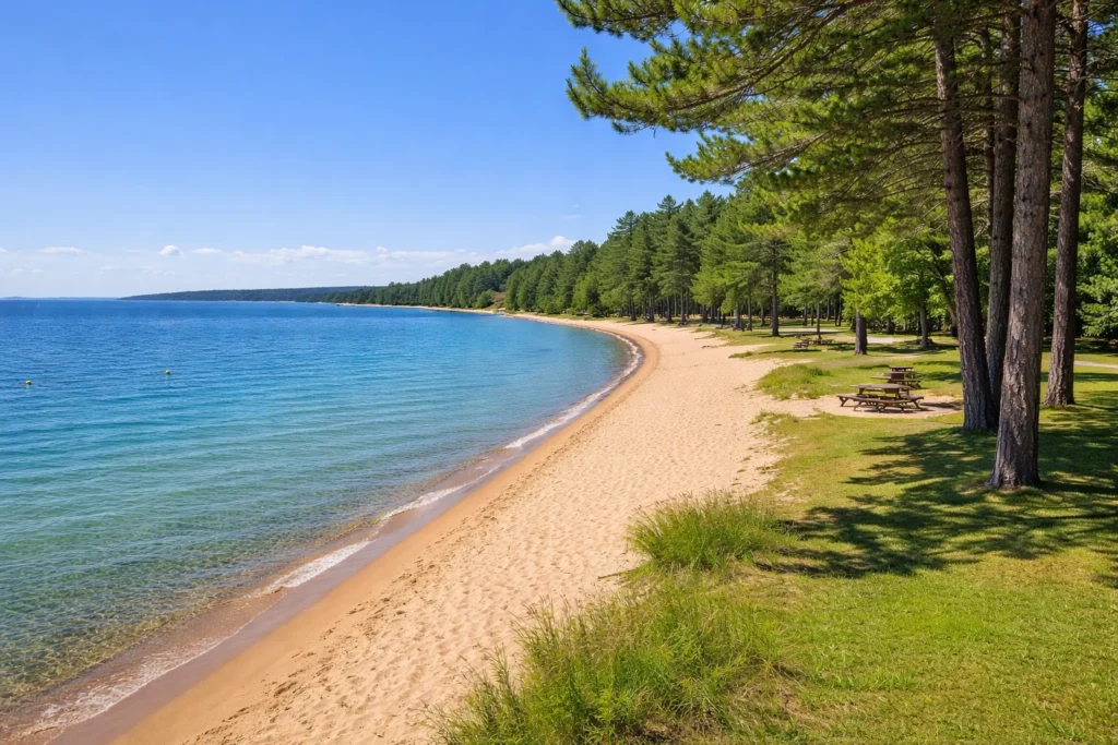 Traverse City State Park in Michigan with sandy beach and calm waters of Grand Traverse Bay
