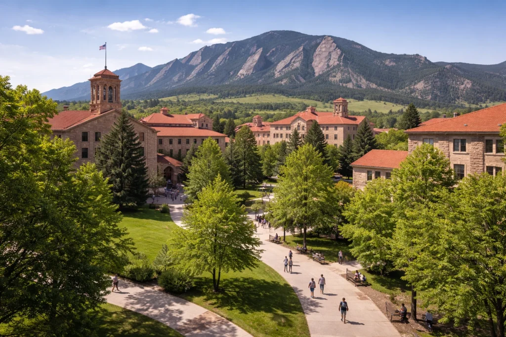 University of Colorado Boulder campus with red-roofed buildings and mountain views