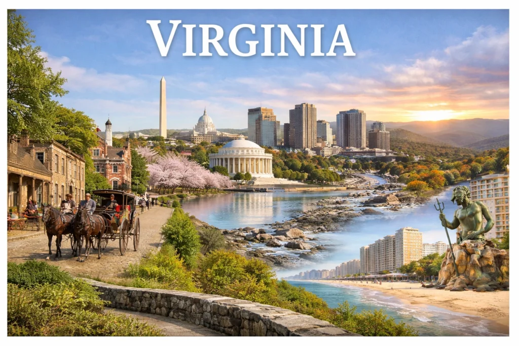 Ultra-realistic travel guide cover of Virginia featuring Colonial Williamsburg, Richmond skyline, Blue Ridge Mountains, and Virginia Beach coastline in natural daylight