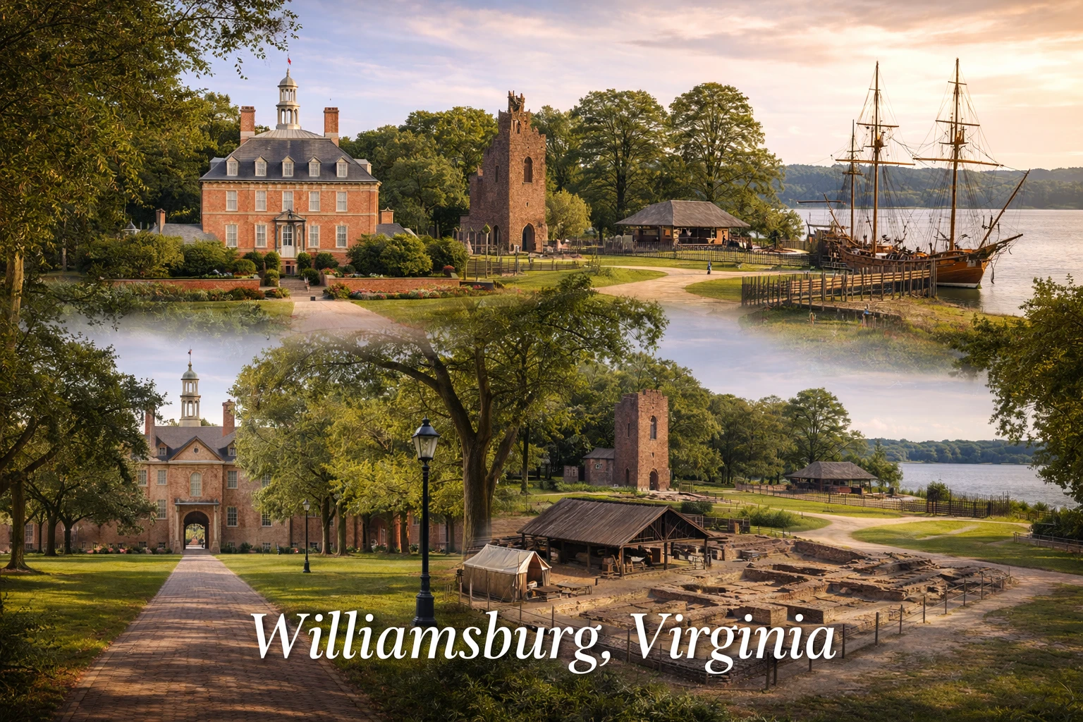 Williamsburg Virginia featured image showing colonial landmarks historic sites and campus scenery
