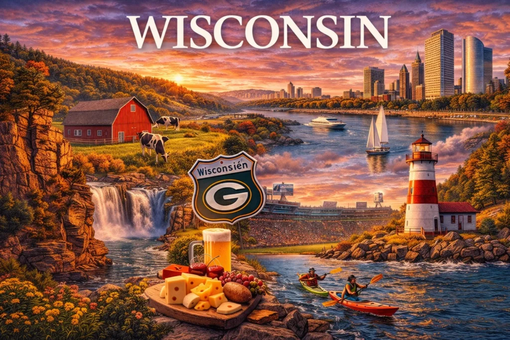 Wisconsin travel guide image featuring Lake Michigan shoreline, lighthouses, Milwaukee skyline, scenic waterfalls, dairy farms, autumn forests, kayaking rivers, and iconic Midwest landscapes.