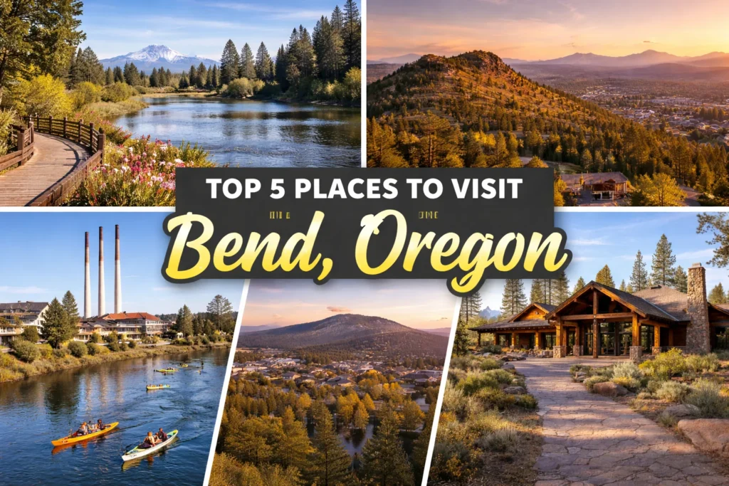 Top 5 places to visit in Bend featuring Deschutes River Trail, Drake Park, Pilot Butte, Old Mill District, and High Desert Museum