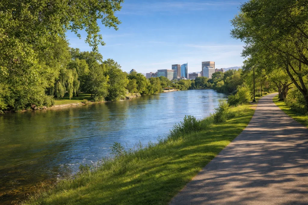 Top 5 places to visit in Boise, Boise River Greenbelt with riverfront trail, trees, and downtown views – top 5 places to visit in Boise