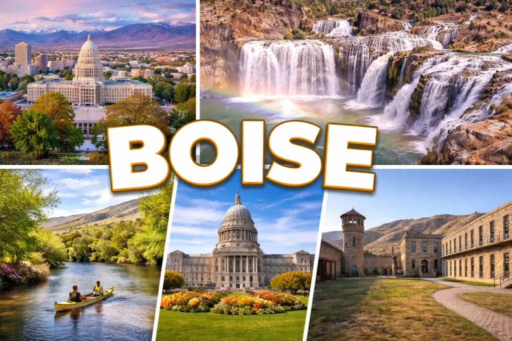 Top 5 places to visit in Boise featuring downtown Boise, Boise River Greenbelt, Idaho State Capitol, Boise Foothills, and Old Idaho Penitentiary