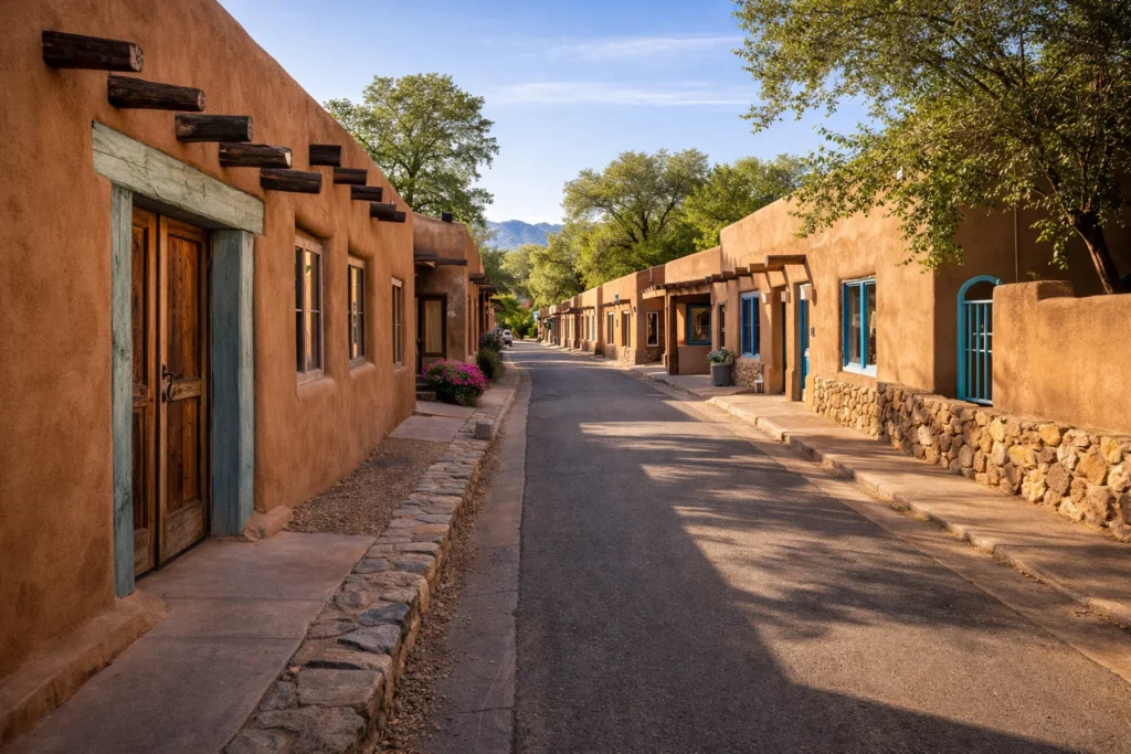 Canyon Road in Santa Fe with adobe art galleries and historic architecture – top 5 places to visit in Santa Fe