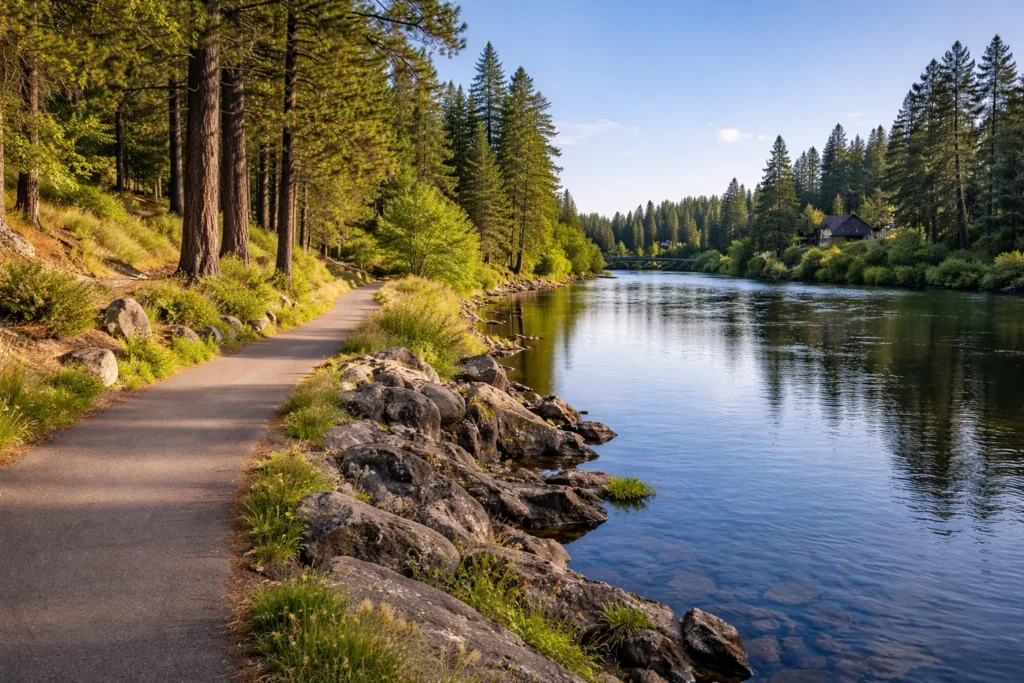 Deschutes River Trail in Bend with riverfront path, lava rocks, and pine trees – top 5 places to visit in Bend