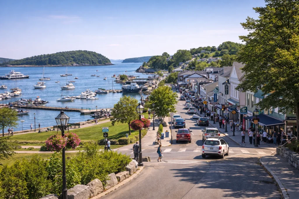 Top 5 places to visit in Bar Harbor – downtown harbor with boats and waterfront village