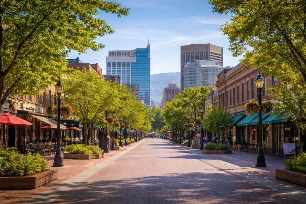Downtown Boise cityscape with pedestrian street, trees, and skyline – top 5 places to visit in Boise
