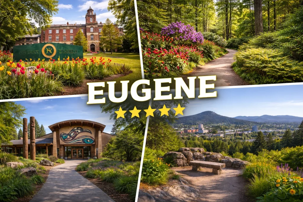 Top 5 places to visit in Eugene featuring Alton Baker Park, University of Oregon campus, Hendricks Park, Museum of Natural and Cultural History, and Skinner Butte Park