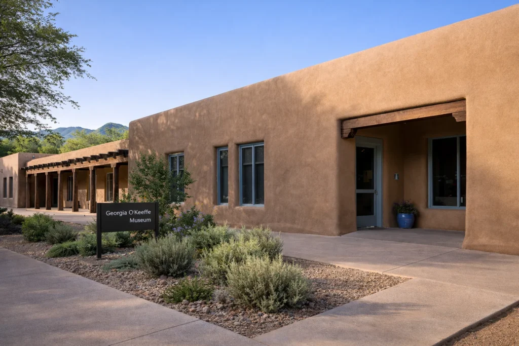 Georgia O’Keeffe Museum exterior in Santa Fe with adobe architecture – top 5 places to visit in Santa Fe