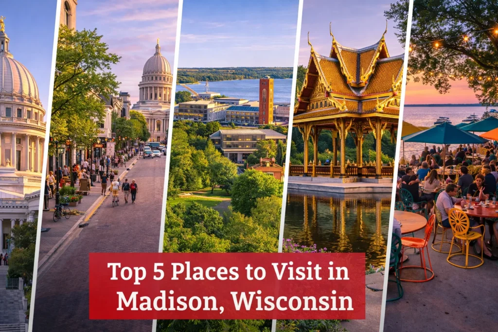 Top 5 places to visit in Madison featuring the Wisconsin State Capitol, State Street, UW–Madison campus, Olbrich Botanical Gardens, and Memorial Union Terrace