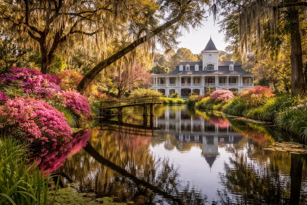 Magnolia Plantation and Gardens in Charleston with historic plantation house, blooming azaleas, and reflecting pond – top 5 places to visit in Charleston