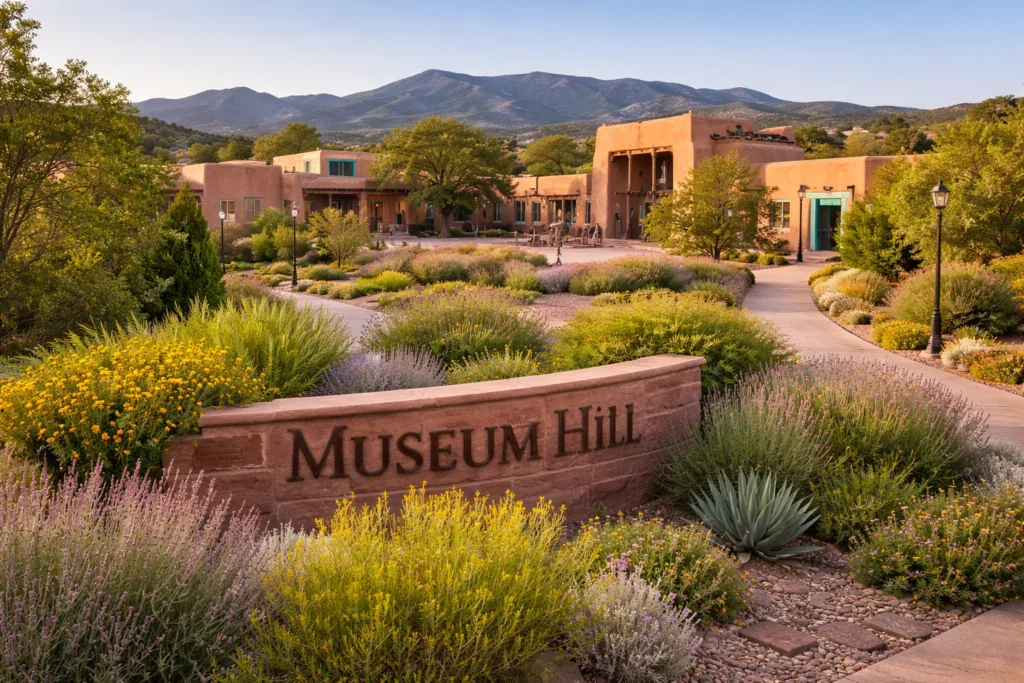 Museum Hill in Santa Fe with adobe museums and Sangre de Cristo Mountains – top 5 places to visit in Santa Fe