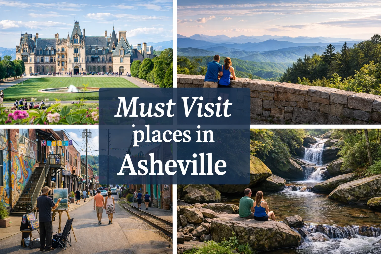 Must Visit Places in Asheville featuring Biltmore Estate, Blue Ridge Parkway, downtown Asheville, River Arts District, and Pisgah National Forest