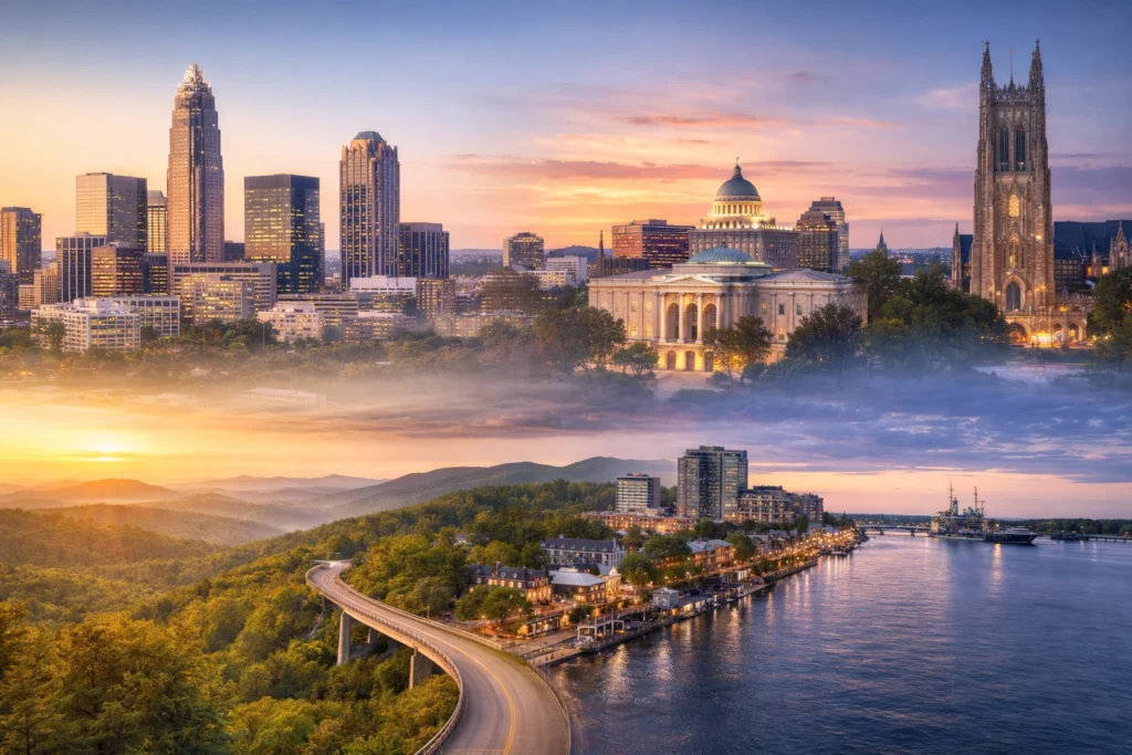 Cinematic view showcasing major cities and landscapes across North Carolina
