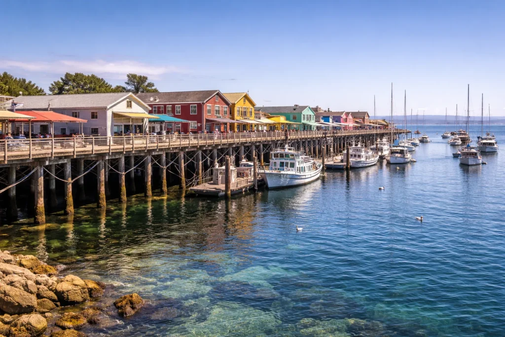 Old Fisherman’s Wharf in Monterey with harbor views, boats, and waterfront buildings – top 5 places to visit in Monterey