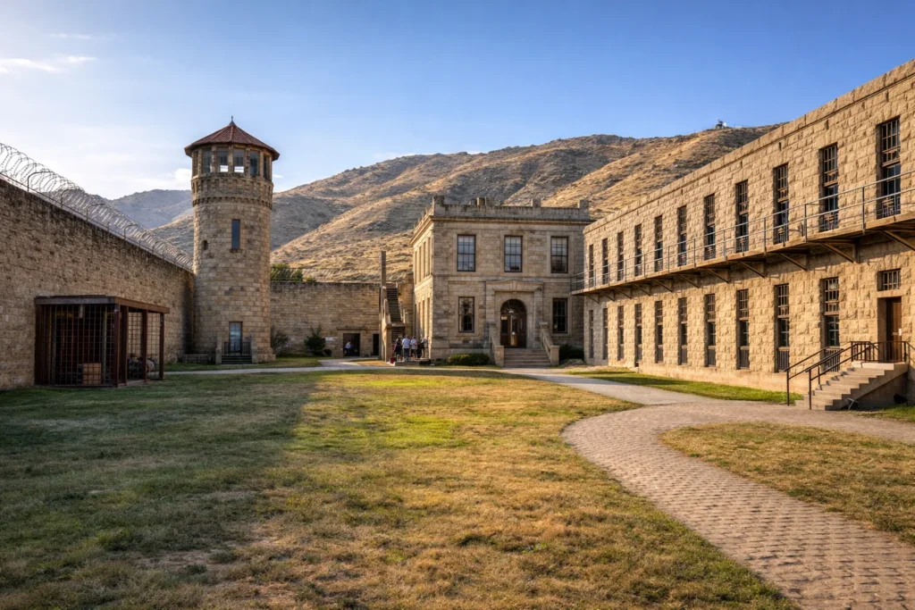 Old Idaho Penitentiary in Boise with historic stone buildings and watchtower – top 5 places to visit in Boise