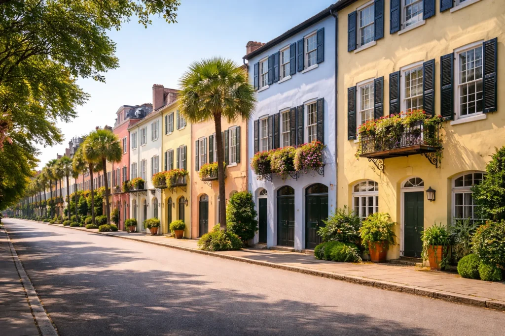 Rainbow Row in Charleston with pastel historic homes and palm-lined street – top 5 places to visit in Charleston