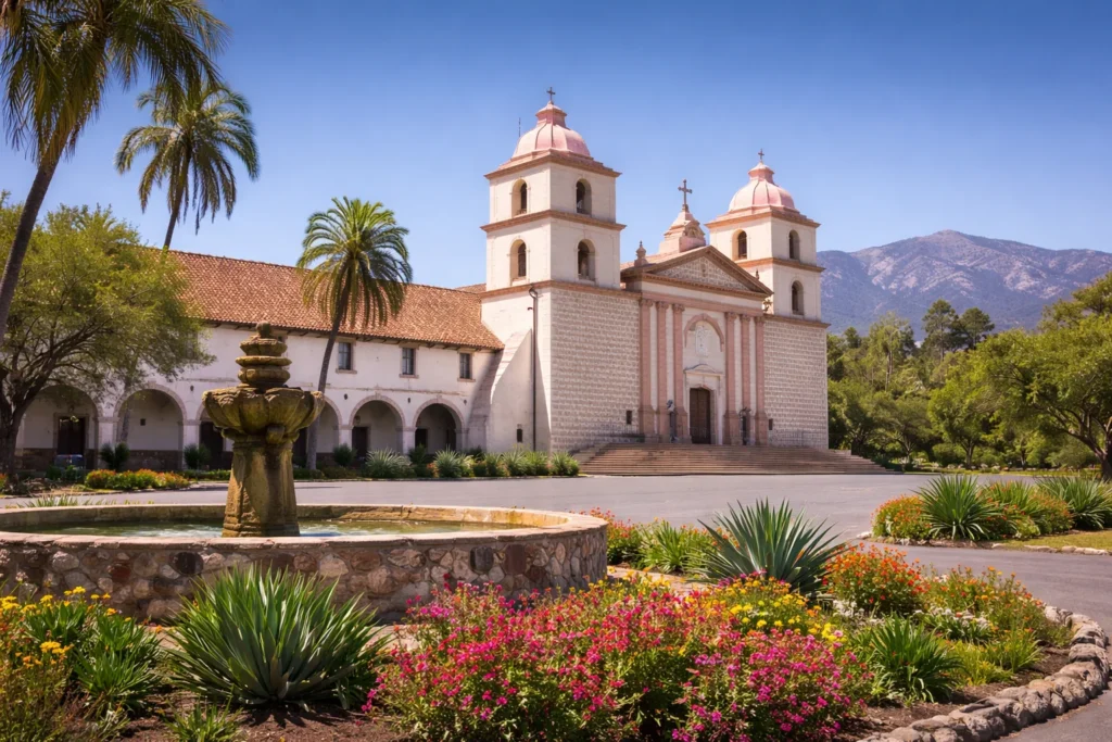 Santa Barbara Mission with Spanish architecture and mountain backdrop – top 5 places to visit in Santa Barbara