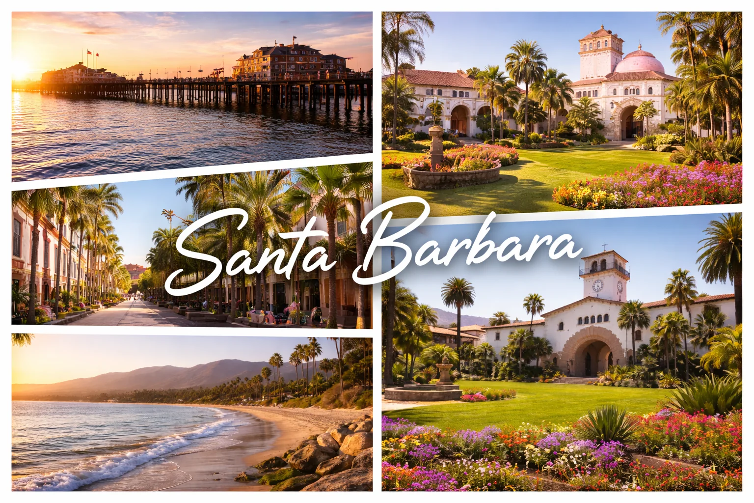 Top 5 places to visit in Santa Barbara featuring Stearns Wharf, Santa Barbara Mission, State Street, County Courthouse, and Butterfly Beach