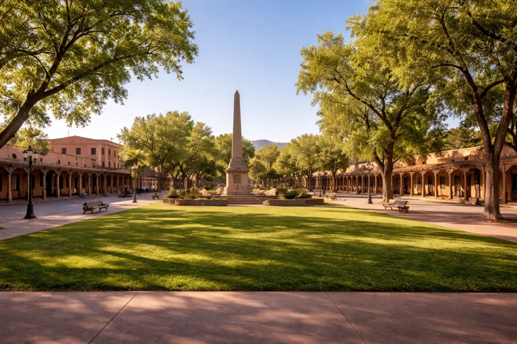 Santa Fe Plaza in downtown Santa Fe with adobe buildings and central lawn – top 5 places to visit in Santa Fe