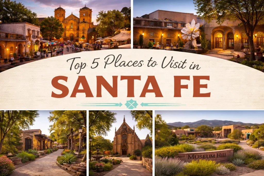 Top 5 places to visit in Santa Fe featuring Santa Fe Plaza, Georgia O’Keeffe Museum, Canyon Road, Loretto Chapel, and Museum Hill