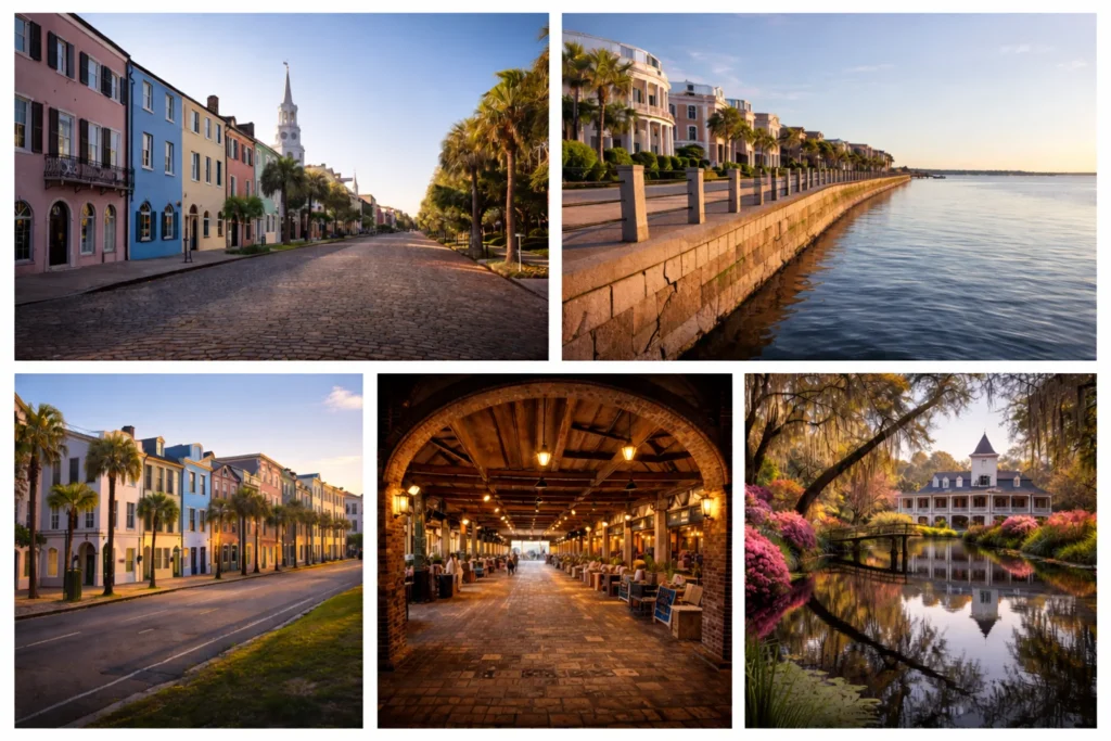 Top places to visit in South Carolina featuring Historic Downtown Charleston, The Battery waterfront, Rainbow Row, Charleston City Market, and Magnolia Plantation