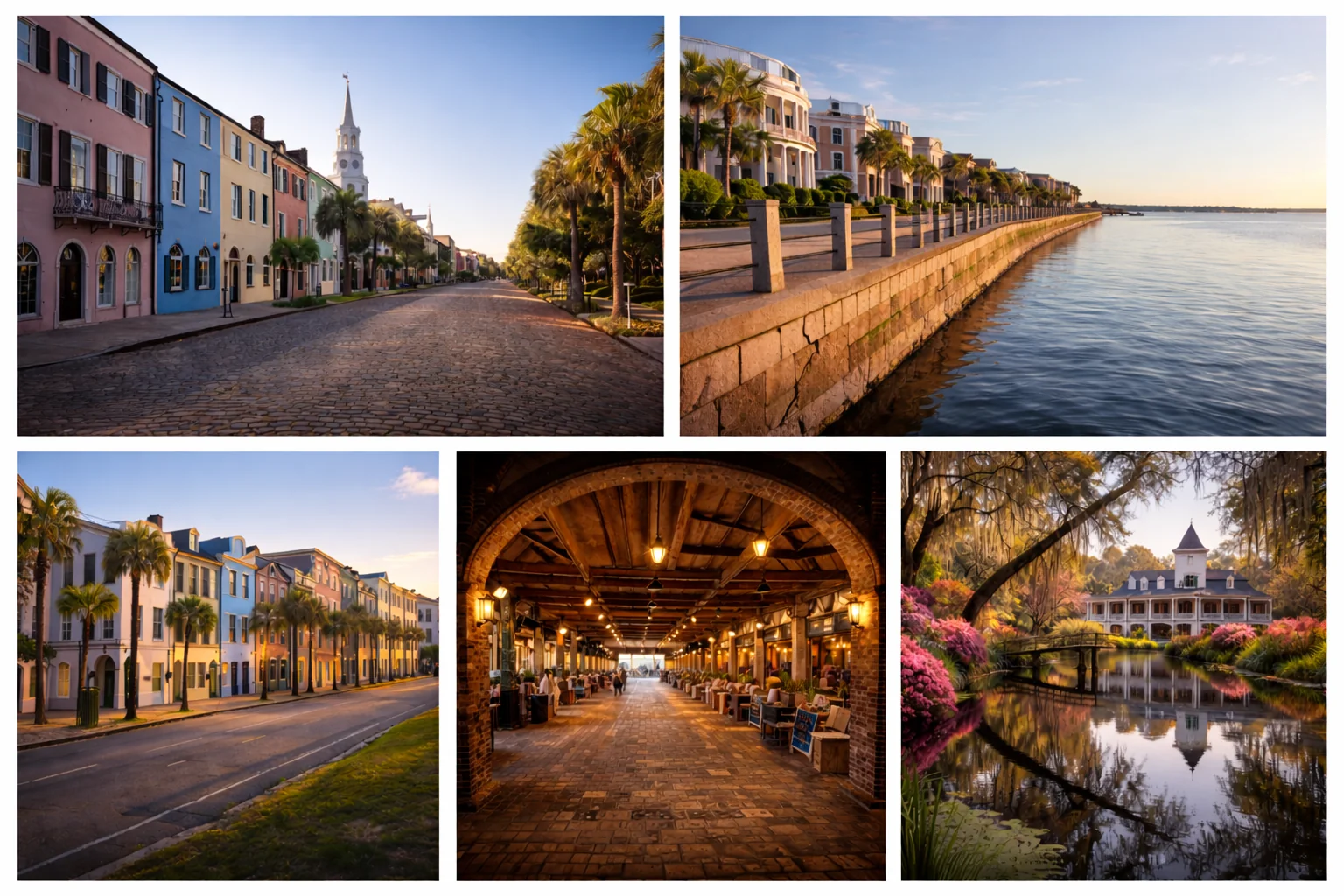 Top places to visit in South Carolina featuring Historic Downtown Charleston, The Battery waterfront, Rainbow Row, Charleston City Market, and Magnolia Plantation