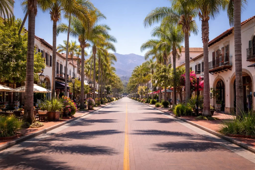 State Street in downtown Santa Barbara with palm-lined sidewalks and Spanish-style buildings – top 5 places to visit in Santa Barbara