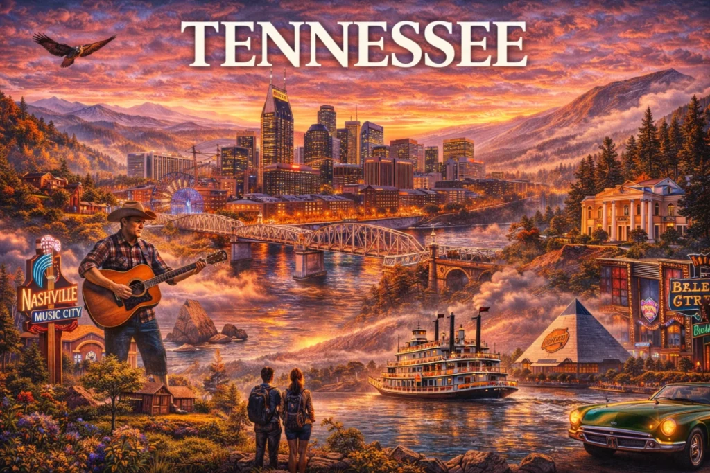 Tennessee travel guide image featuring the Great Smoky Mountains, Nashville skyline, live country music, Beale Street, Mississippi River steamboat, historic mansions, and scenic landscapes at sunset.