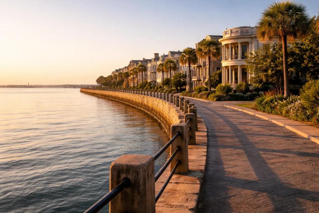 The Battery waterfront in Charleston with historic mansions, palm trees, and harbor views – top 5 places to visit in Charleston